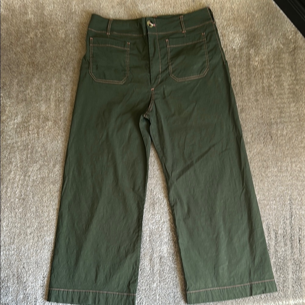 Anthropologie The Colette Contrast-Stitch by Maeve Wide Leg Pants in Olive Green